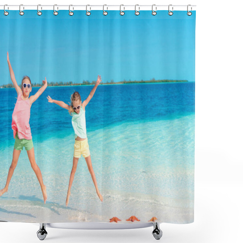 Personality  Adorable Little Girls Having Fun On The Beach Full Of Starfish On The Sand Shower Curtains