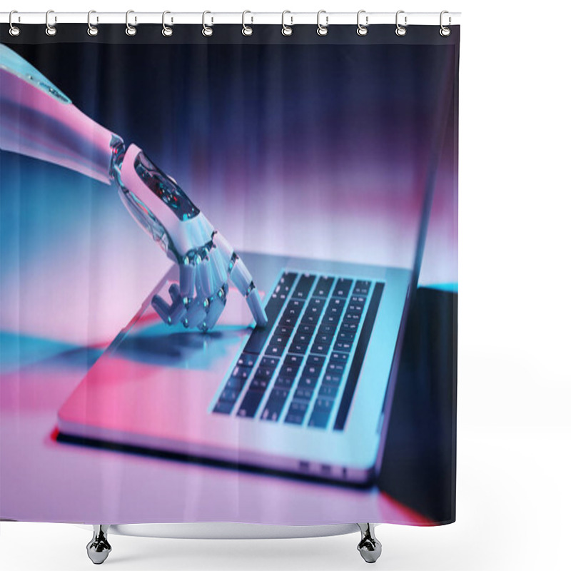 Personality  Robotic Cyborg Hand Pressing A Keyboard On A Laptop 3D Rendering Shower Curtains