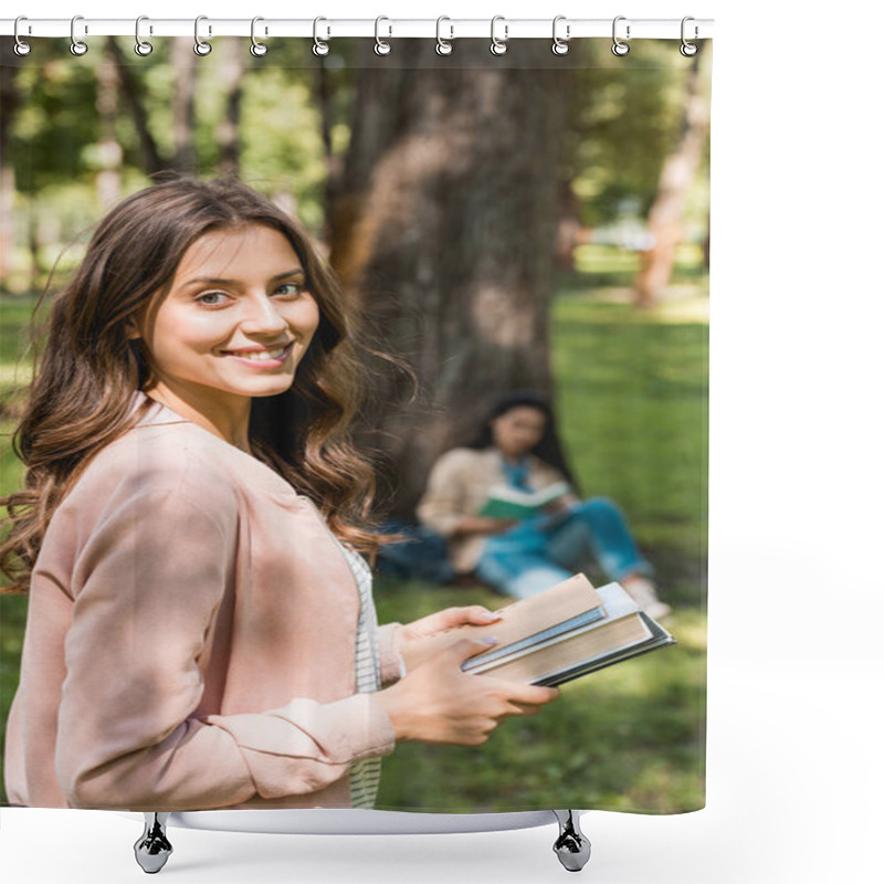 Personality  Selective Focus Of Cheerful Girl Holding Books With Friend On Background Shower Curtains