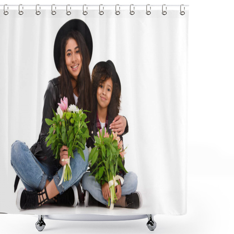 Personality  Mother And Daughter Sitting On Floor With Beautiful Bouquets Isolated On White Shower Curtains