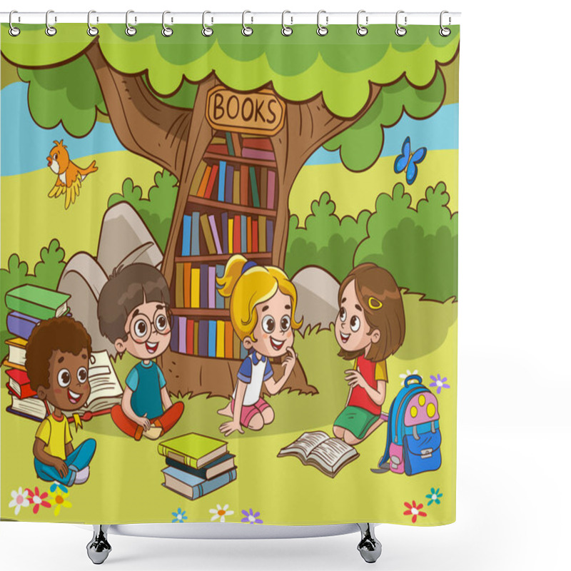 Personality  Book Reader, Cute Woodland Life And Back To School Classy Vector Scene.Books Day, Outdoor Library For Smart Animals And Children. Shower Curtains