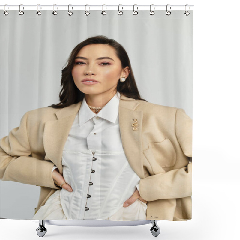 Personality  Elegant Young Woman Showcases Her Fashionable Outfit In A Modern Indoor Space On A Bright Day. Shower Curtains