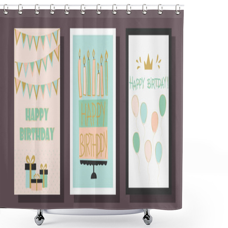 Personality  Birthday Card. Greeting Card. Invitation. Save The Date. Festive Decor. Cake, Cupcake, Candles, Balloons, Gifts Shower Curtains