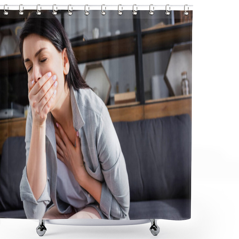 Personality  Woman With Nausea And Closed Eyes Covering Mouth  Shower Curtains