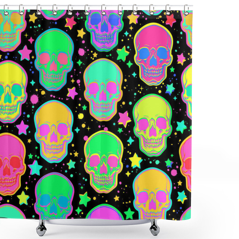 Personality  Bright Psychedelic Skulls On Black Background Shower Curtains