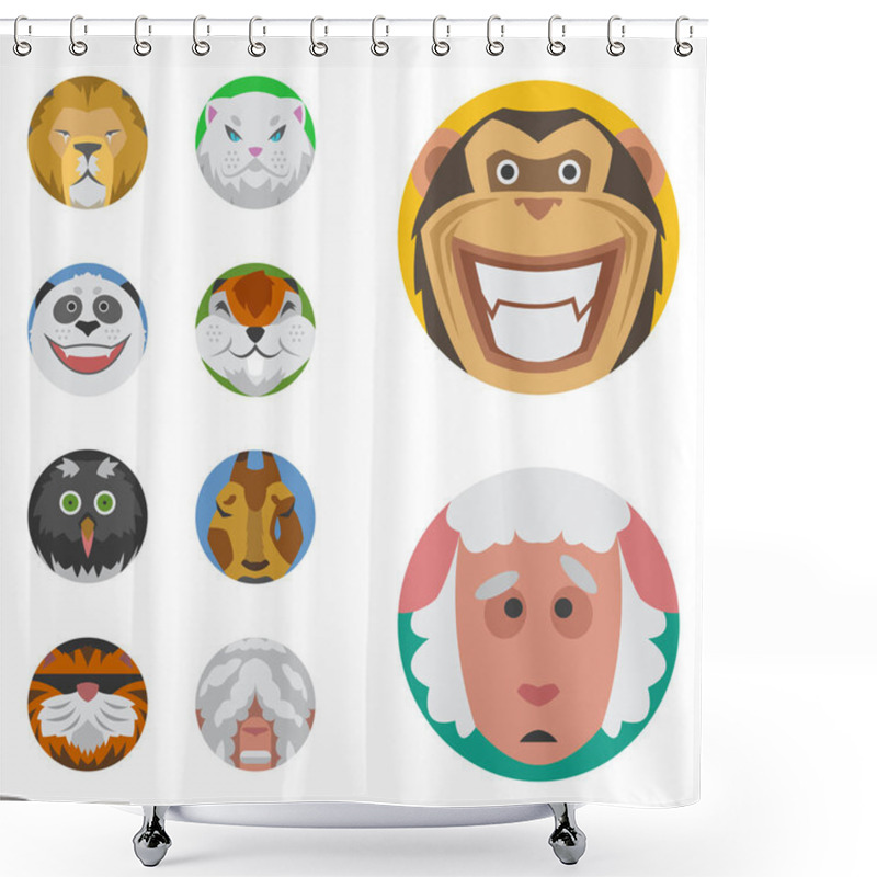 Personality  Cute Animals Emotions Icons Isolated Fun Set Face Happy Character Emoji Comic Adorable Pet And Expression Smile Collection Wild Avatar Vector Illustration. Shower Curtains