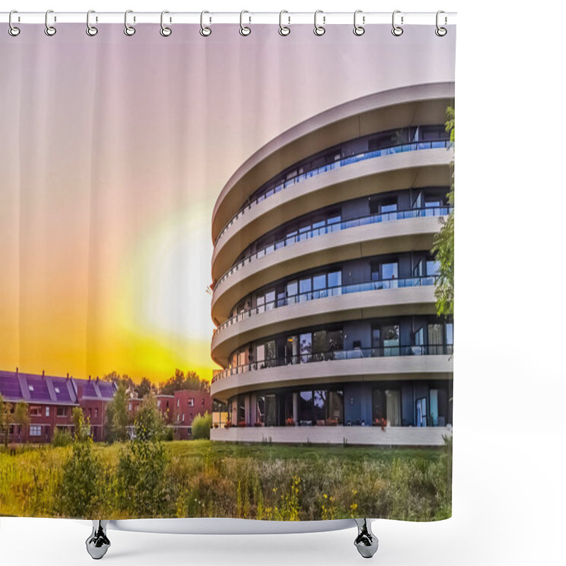 Personality  Modern Apartments Building During Sunset In Apeldoorn City, The Netherlands, Dutch Architecture Shower Curtains