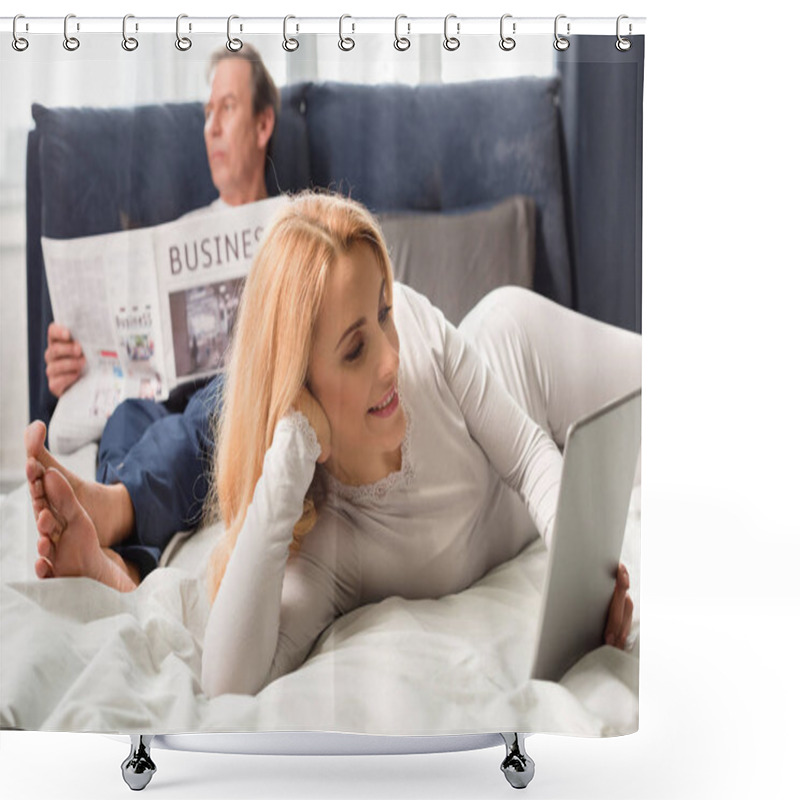 Personality  Woman Using Digital Tablet  Shower Curtains