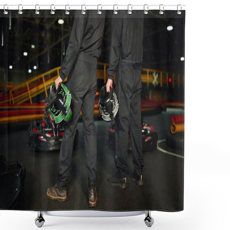 Personality  Cropped View Of Two Men Standing Near Racing Cars And Holding Helmets, Go-kart Drivers Team Shower Curtains