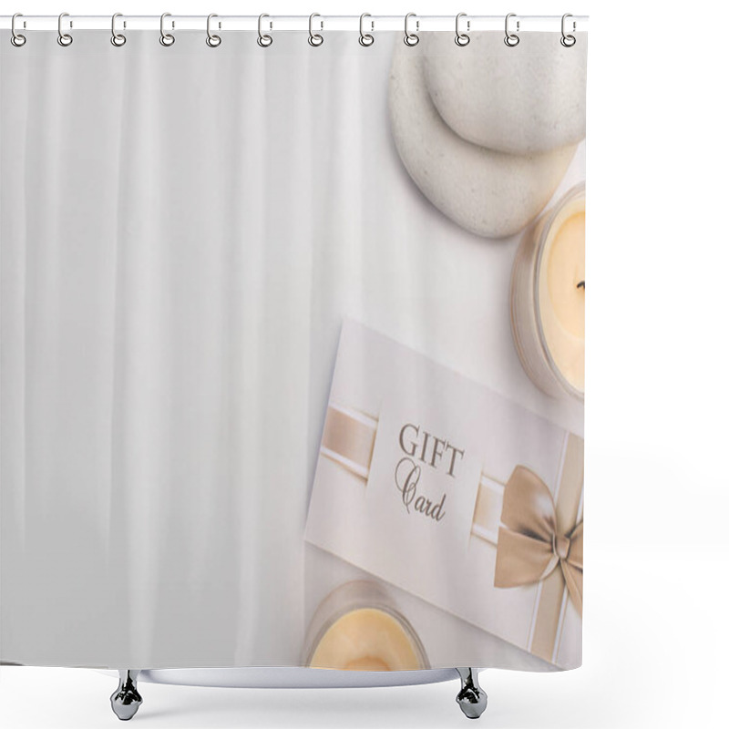 Personality  Top View Of Gift Card, Zen Stones And Candles On White Background Shower Curtains