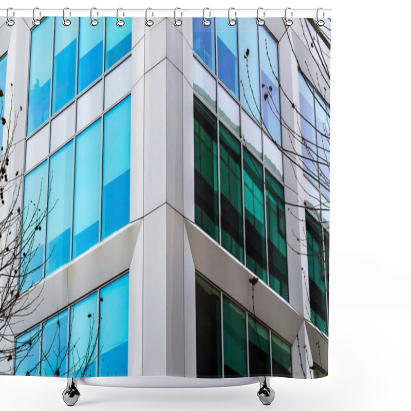 Personality  Modern Glass Facade With Reflective Panels And Angular Architectural Details In Urban Design Shower Curtains