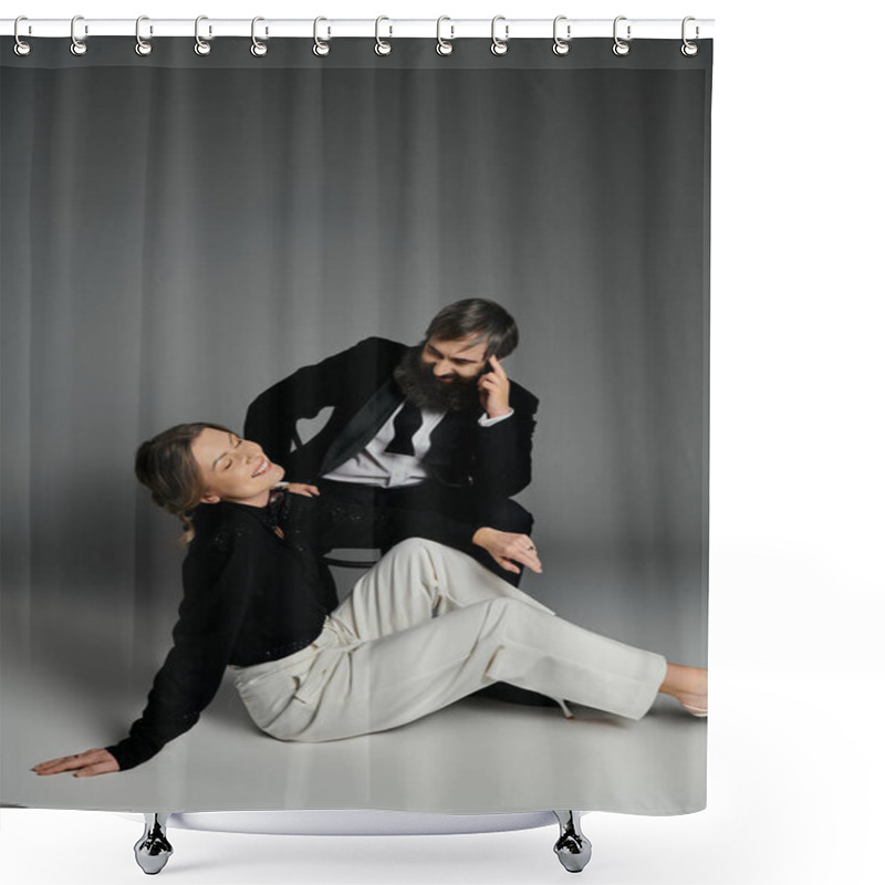 Personality  A Couple In Elegant Attire Poses For A Photo Shoot, The Woman Laughing As The Man Smiles Down At Her. Shower Curtains