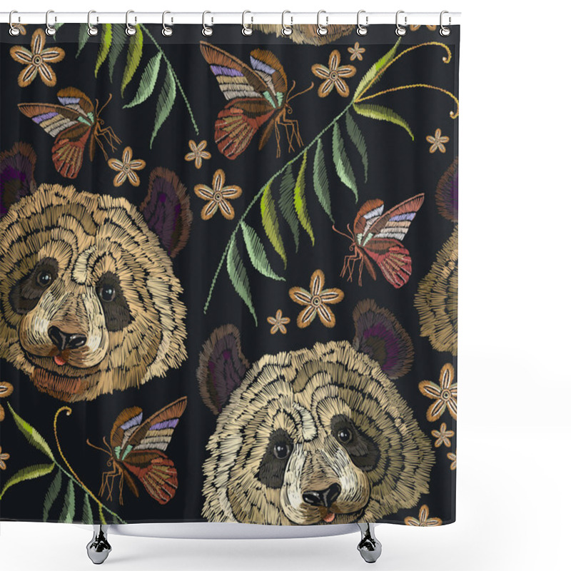 Personality  Embroidery Panda Head And Butterfly Seamless Pattern Shower Curtains