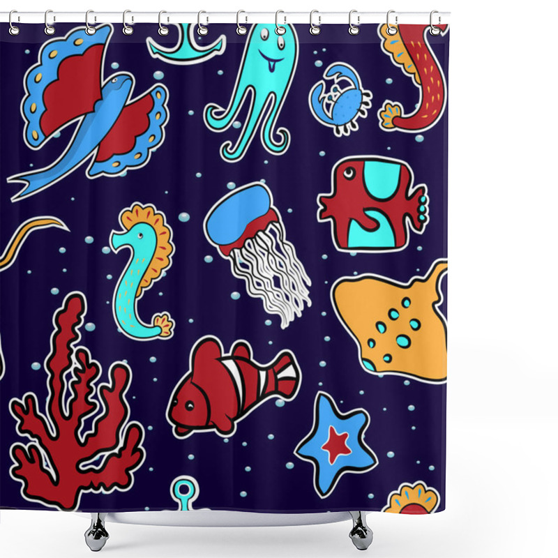 Personality  Seamless Background From Sea Animals. A Sea Horse, A Jellyfish, A Stingray, An Octopus, A Parrotfish, Starfish, Corals. On A Blue Background With Air Bubbles. For Printing On Fabrics. Vector Illustration. Shower Curtains