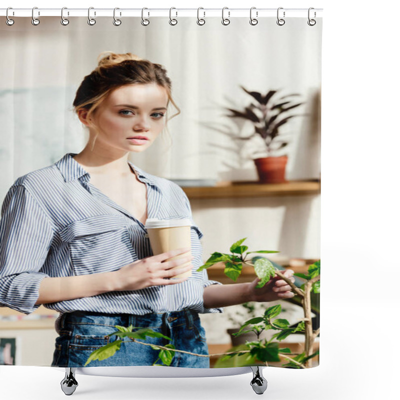 Personality  Portrait Of Young Woman With Paper Cup Of Coffee Touching Potted Plant  Shower Curtains