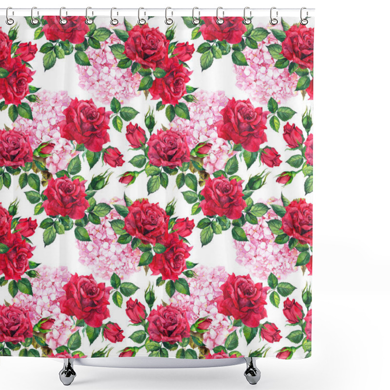 Personality  Romantic Bloom - Hydrangea, Red Roses Flowers. Seamless Summer Floral Background. Watercolor Shower Curtains