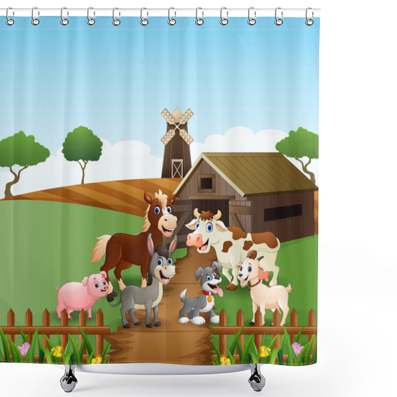 Personality  Vector Illustration Of Farm Animals At Cage Background Shower Curtains