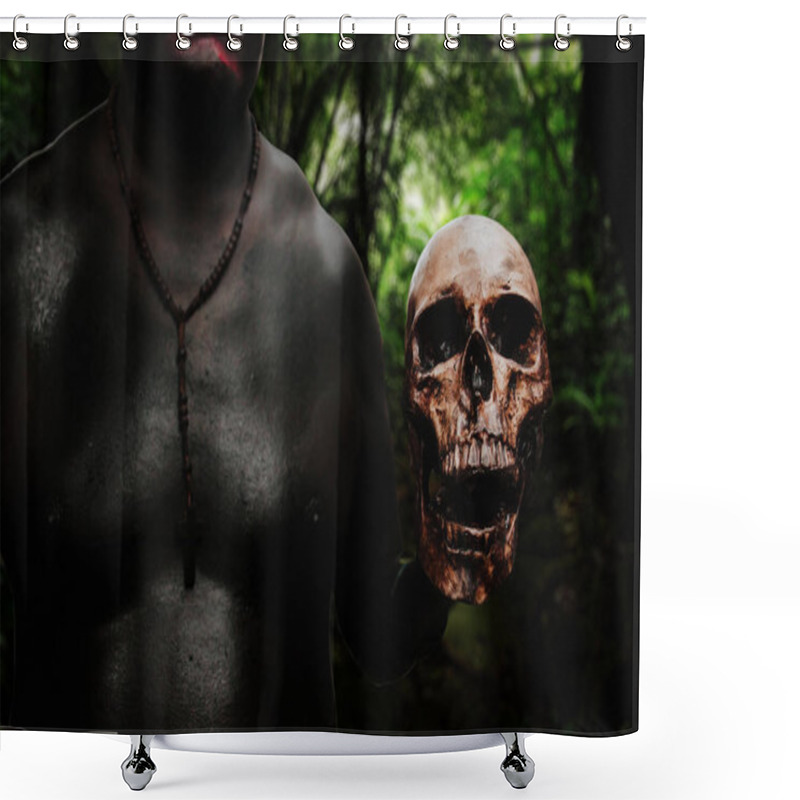 Personality  Skull Head Holding By A Native Man Shower Curtains