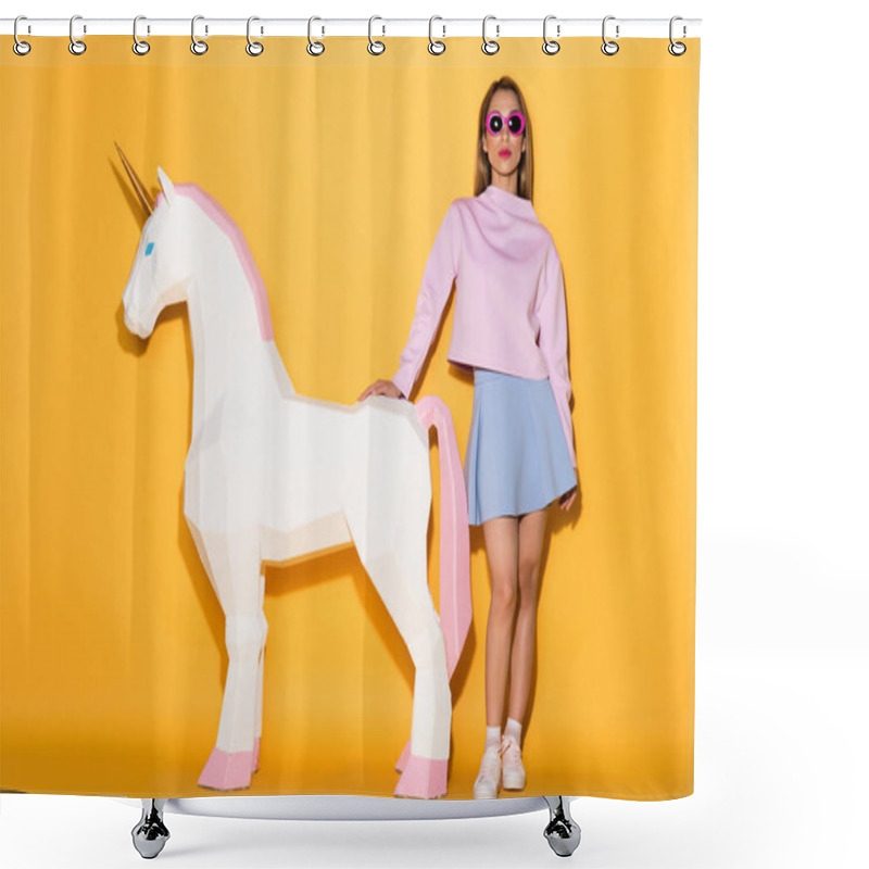 Personality  Stylish Asian Female Model In Sunglasses And Decorative Unicorn On Yellow Background  Shower Curtains