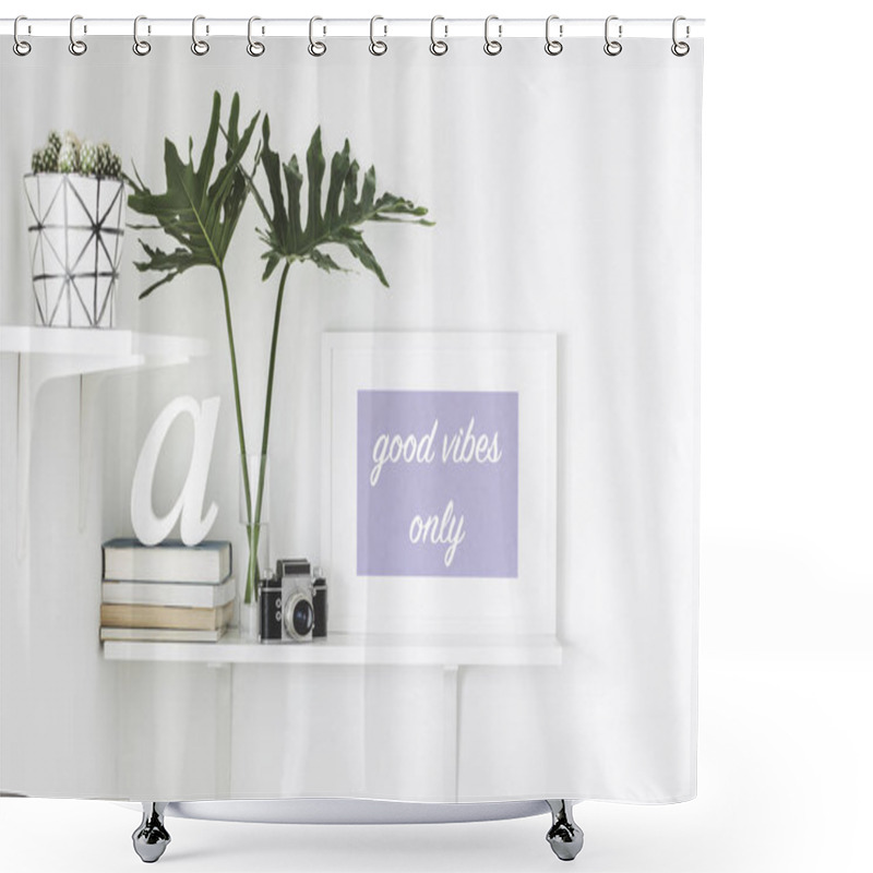 Personality  Bright White Interior Corner With Shelves And Inspirational Phrase In Frame On Wall Shower Curtains