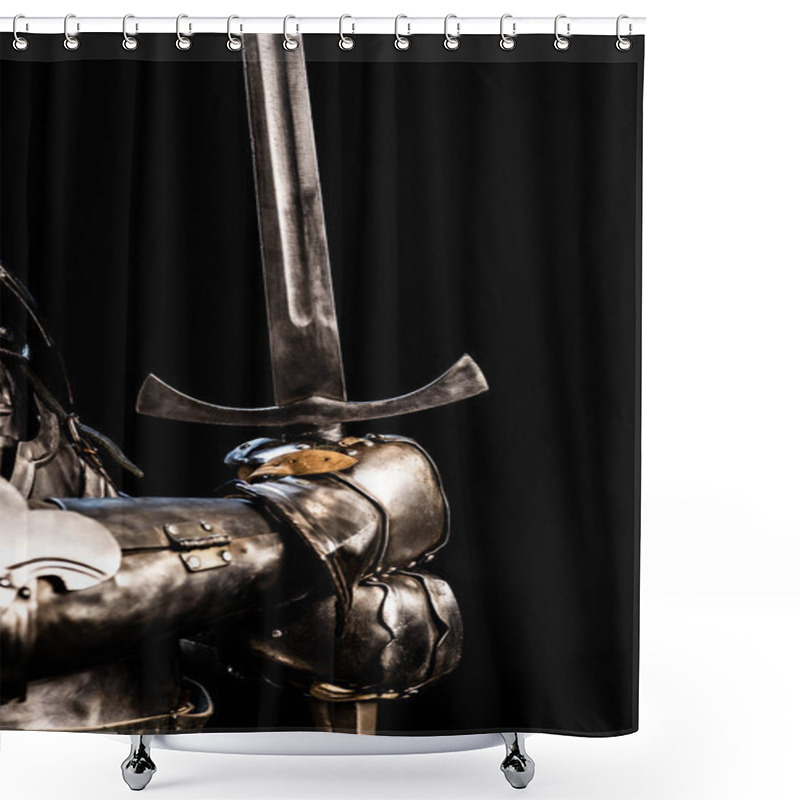 Personality  Cropped View Of Knight In Armor Holding Sword Isolated On Black  Shower Curtains