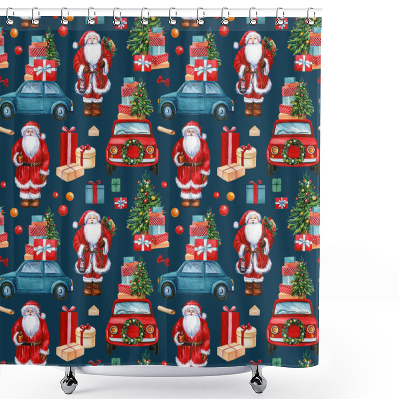 Personality  Santa Claus, Cars And Gifts, Winter Holidays Seamless Pattern, Christmas Background, Digital Paper Shower Curtains