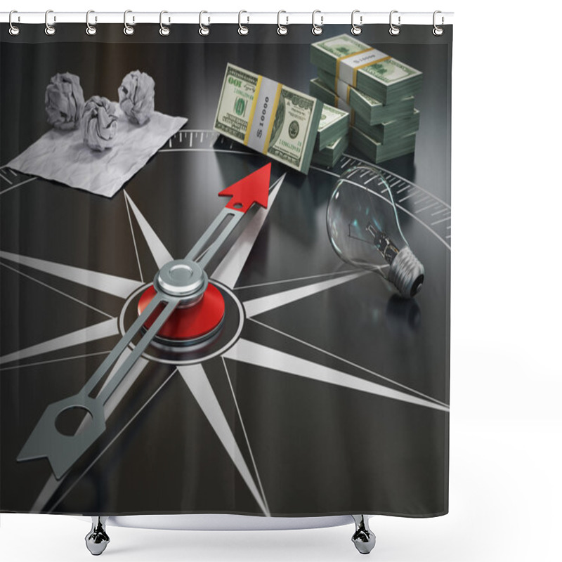 Personality  Conceptual Image Of Compass Directing At Money. Course Concept. Shower Curtains