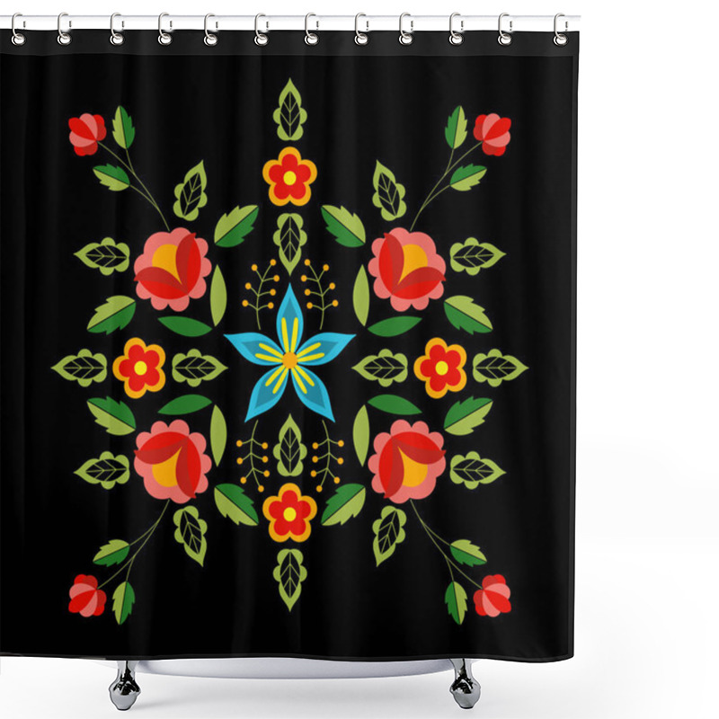 Personality  Polish Folk Pattern Vector. Floral Ethnic Ornament. Slavic Eastern European Print. Square Flower Design For Gypsy Pillow Case Textile, Bohemian Silk Scarf Bandana, Fashion Embroidery, Boho Poster. Shower Curtains