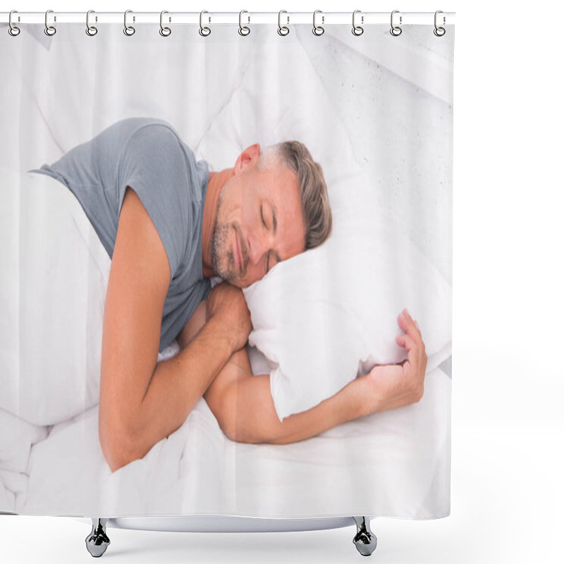 Personality  Sleeping Guy At Home. Relaxed Man. Promote Prevention And Management Of Sleep Disorders. World Sleep Day. Benefits Of Good And Healthy Sleep. Breathe Easily, Sleep Well. Handsome Man In Bed Shower Curtains