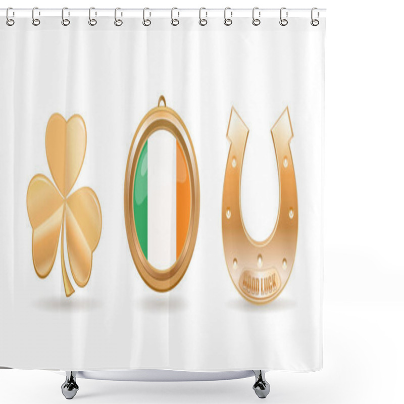 Personality  Gold Icon Set For St. Patricks Day. Trifoliate Clover. Golden Ho Shower Curtains