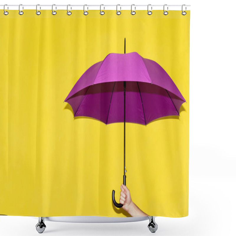 Personality  A Man Holds In His Hand A Purple Umbrella On A Background Of Yellow-lime Wall. The Concept Of Autumn, Business, Protection. Shower Curtains