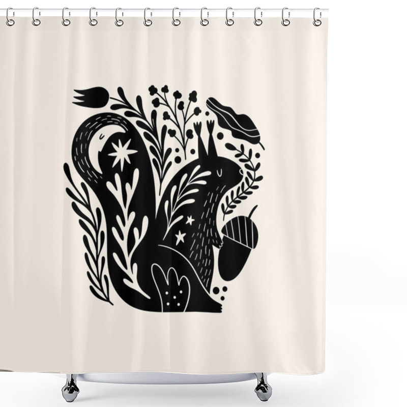 Personality  Squirrel Woodland Animal Drawing In Ornate Rural Folk Scandinavian Style. Shower Curtains