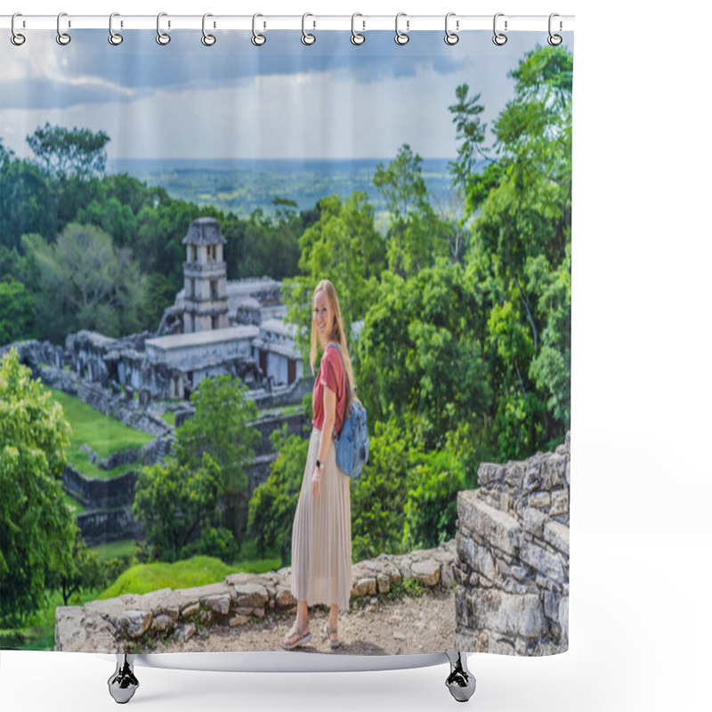 Personality  Female Tourist Exploring The Ancient Pyramids Of Palenque, Mexico, Surrounded By Dense Jungle. Cultural Heritage And Adventure Travel Concept. Shower Curtains