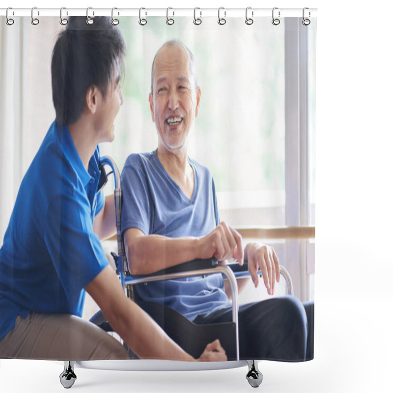 Personality  Wheelchair Riding Elderly And Caregivers Shower Curtains