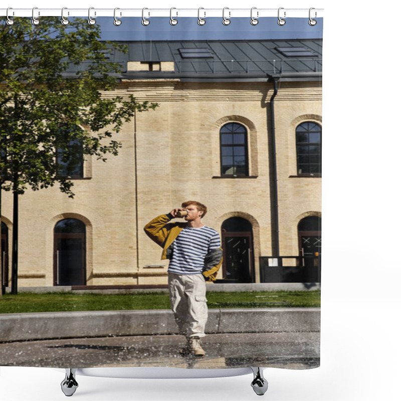 Personality  Young Man With Red Hair In Stylish Attire Drinking Coffee In Front Of Urban Building. Shower Curtains