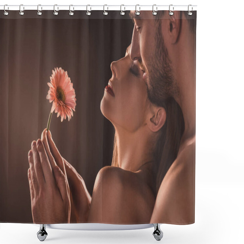 Personality  Naked Sensual Lovers Holding Flower, On Brown Shower Curtains