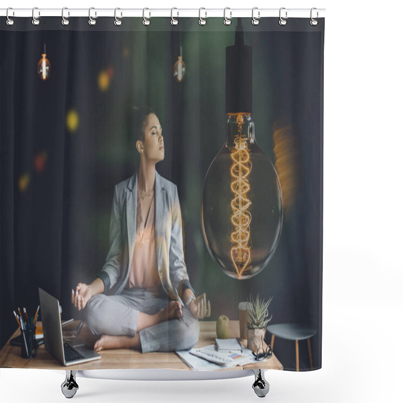 Personality  Light Bulb Representing Creative Thinking And Young Businesswoman Meditating In Lotus Position On Work Table Shower Curtains