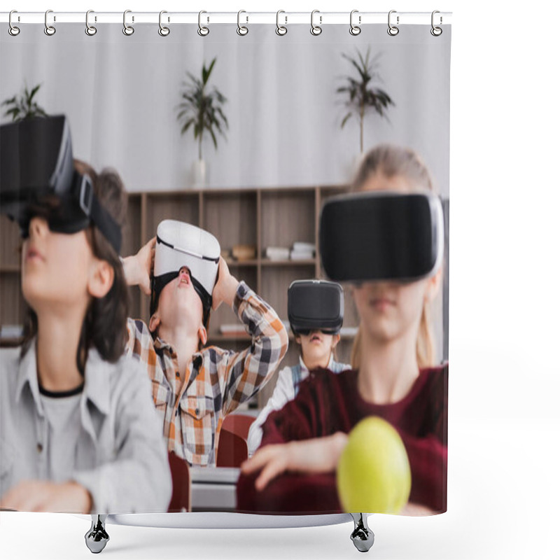 Personality  Selective Focus Of Astonished Schoolboy In Vr Headset Looking Up Near Classmates On Blurred Background Shower Curtains