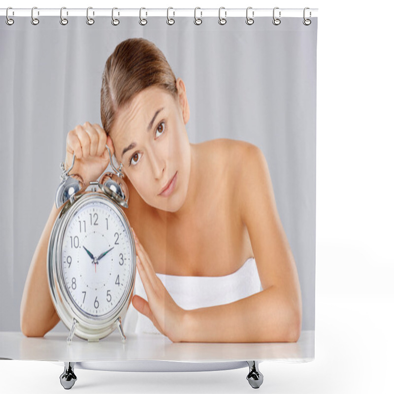 Personality  Bored Young Woman Counting Down The Time Shower Curtains