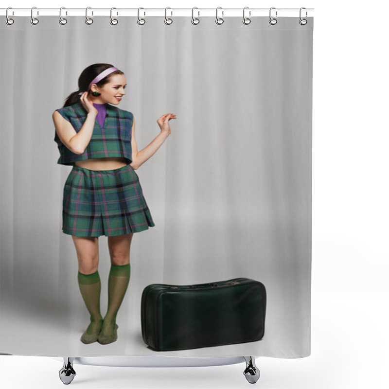 Personality  Full Length Of Happy Woman In Retro Outfit Standing Near Green Suitcase On Grey Shower Curtains