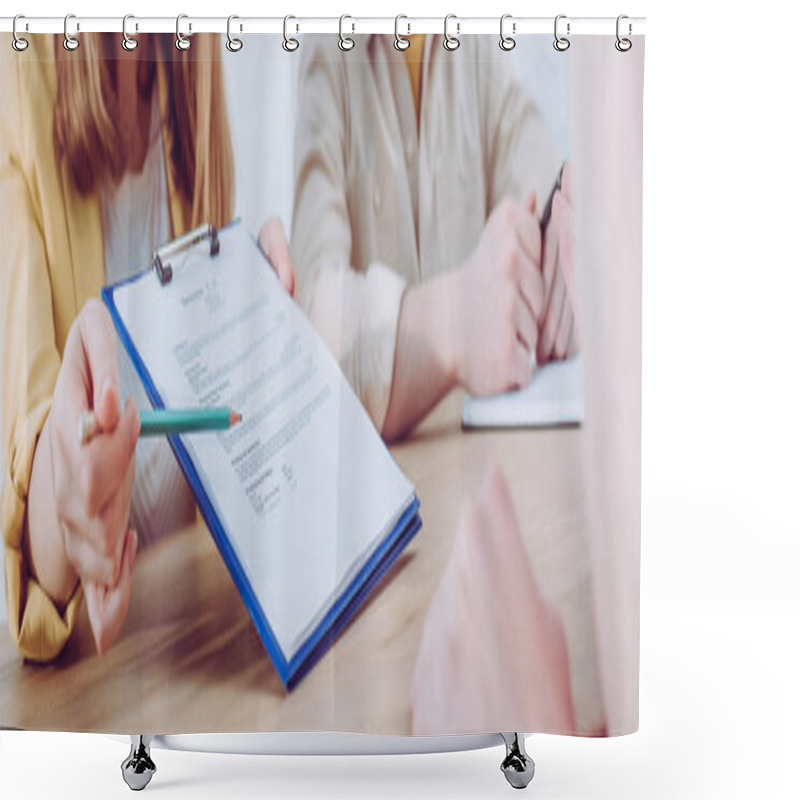 Personality  Cropped View Of Woman Pointing At Clipboard With Pencil Near Coworker And Employee Shower Curtains