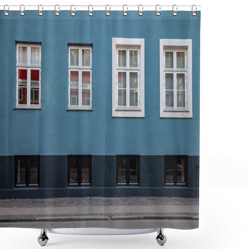 Personality  Detail Of Blue And Grey Building With White Windows On Street In Copenhagen, Denmark Shower Curtains