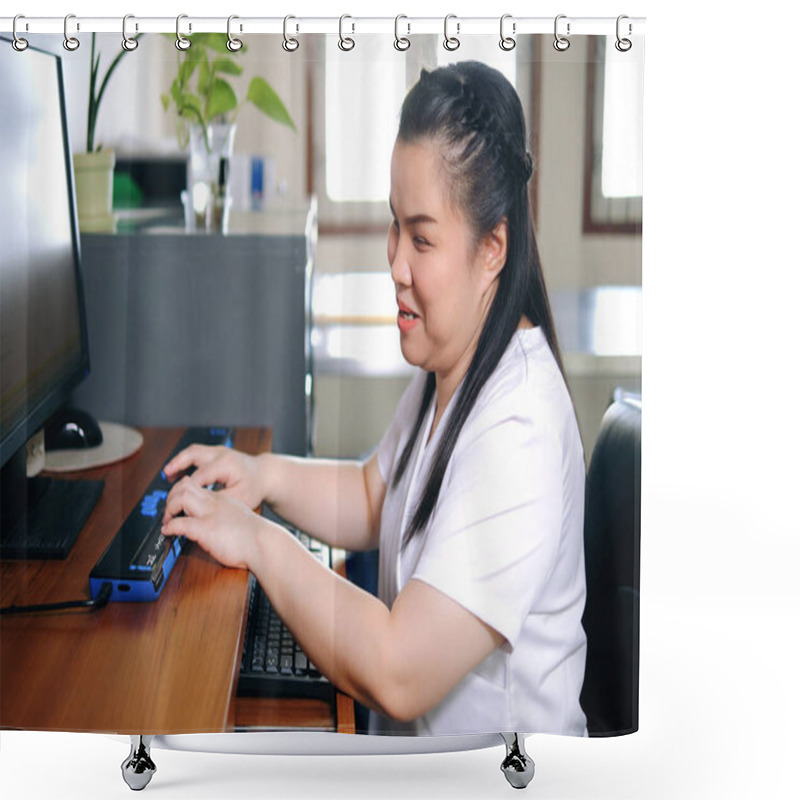 Personality  Asian Woman With Blindness Disability Using Computer With Refreshable Braille Display Or Braille Terminal A Technology Assistive Device For Persons With Visual Impairment In Workplace. Shower Curtains