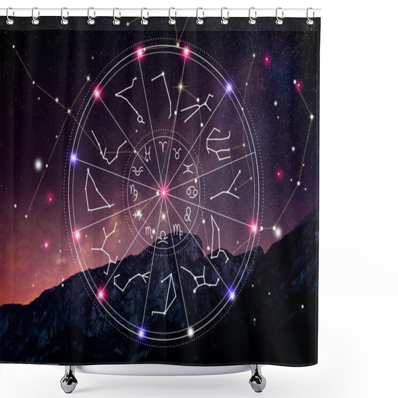 Personality  Zodiac Wheel With Symbols And Constellation Stick Figure Patterns Against Mountain Landscape Shower Curtains