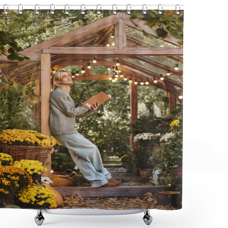 Personality  A Young And Handsome Man Relaxes In A Charming Greenhouse, Surrounded By A Colorful Array Of Flowers. Shower Curtains