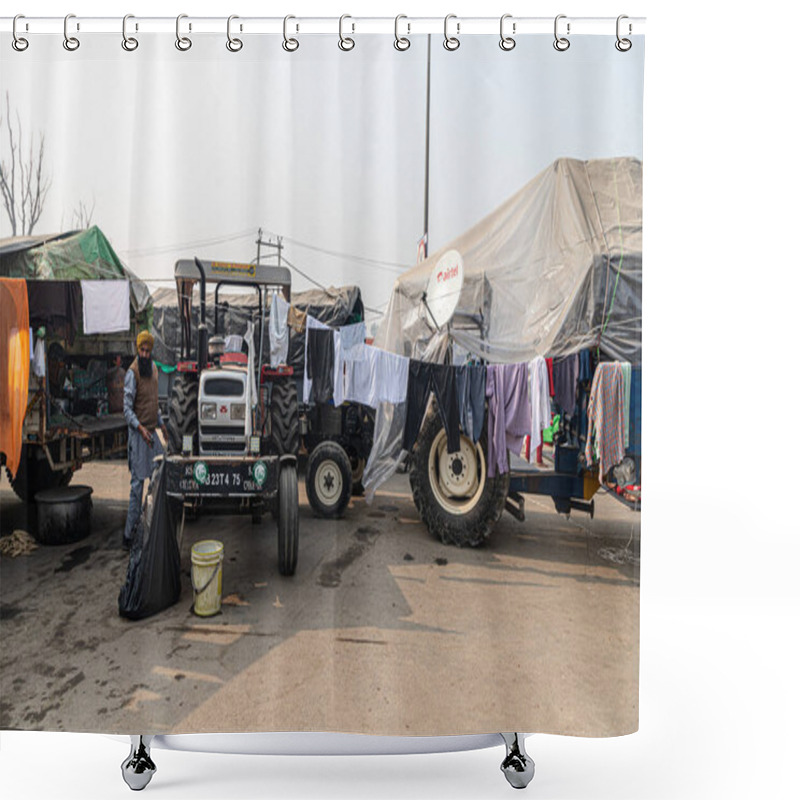 Personality  Farmers Drying Their Clothes At Protest Site At Singhu Border,they Are Protesting Against The Farmer Law In India. Shower Curtains