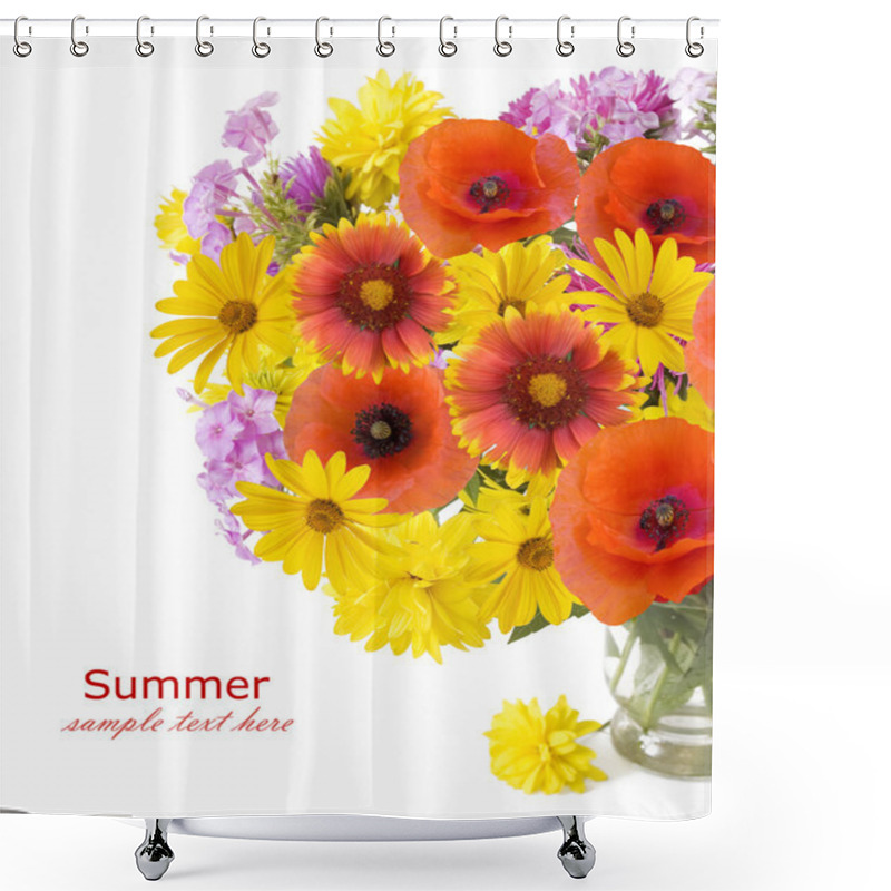 Personality  Summer Flowers Bunch In Vase And Fruits Isolated On White Background. Aster, Poppy And Cosmos Flowers Bouquet Shower Curtains