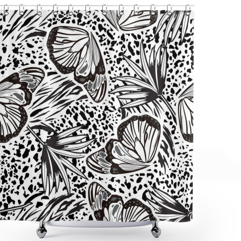 Personality  Black And White Hand Sketch Butterflies Flying Blending With Animal Leopard Skin ,tropicla Leaves Seamless Pattern ,vector EPS 10 Design For Fashion,fabric,wallpaper,and All Prints Modern Style Shower Curtains