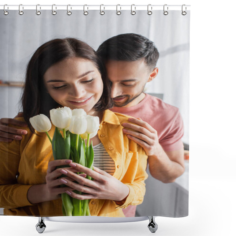 Personality  Smiling Young Man Hugging Girlfriend With Bouquet Of Flowers In Kitchen Shower Curtains