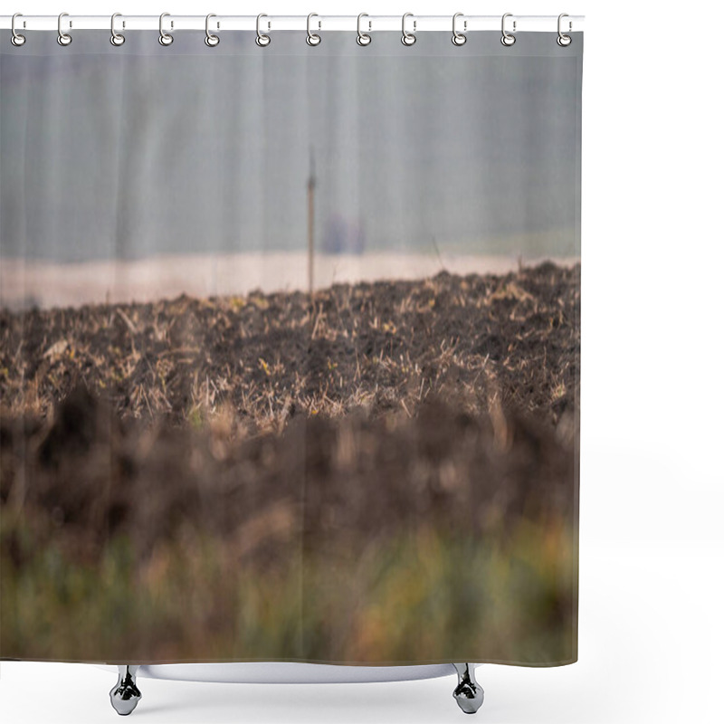 Personality  Rich, Dark Soil In A Freshly Plowed Field, Showcasing The Vitality Of Agriculture. Shower Curtains